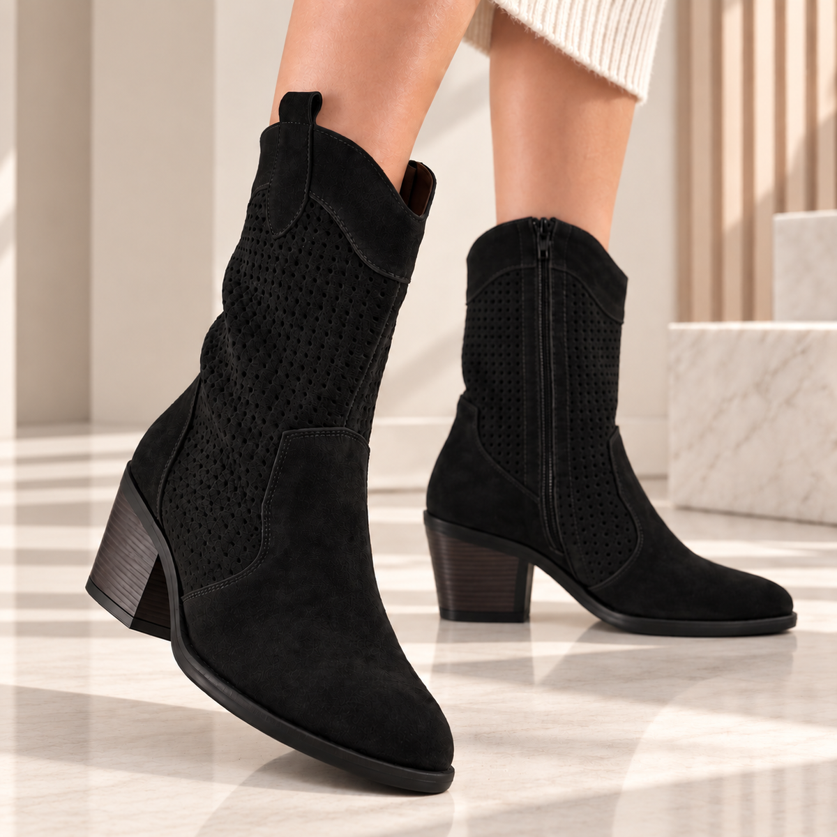 Passante Ciocate Damă Piele Naturală Intoarsa Neagra – toc 5,5 cm