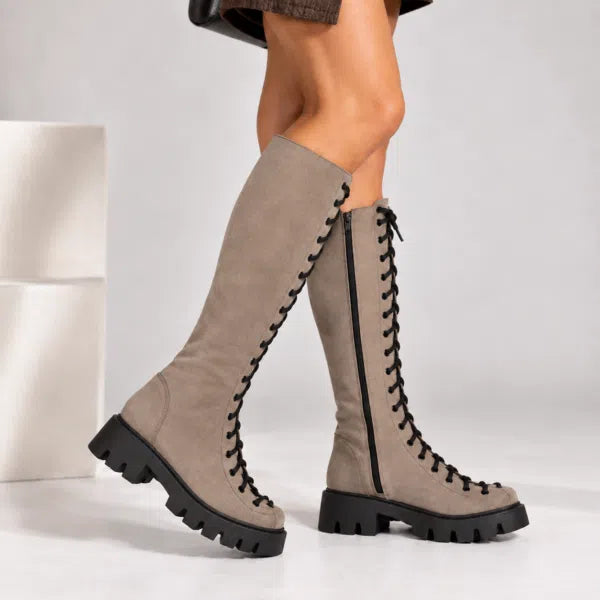 Passante Cizme Damă Alessia din Piele Naturală Întoarsă cu Șiret și Fermoar – Talpă 3 cm, Taupe