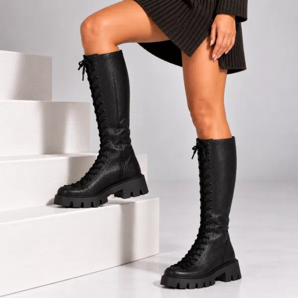 Passante Cizme Damă Karissa din Piele Naturală cu Șiret și Fermoar – Talpă 3 cm, Negre