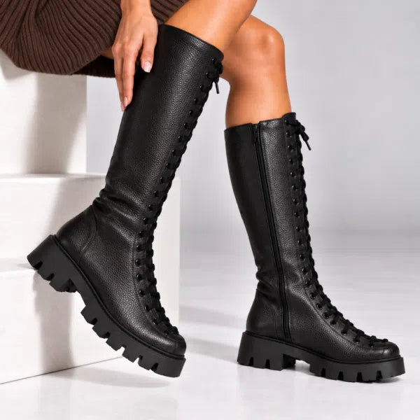 Passante Cizme Damă Karissa din Piele Naturală cu Șiret și Fermoar – Talpă 3 cm, negre