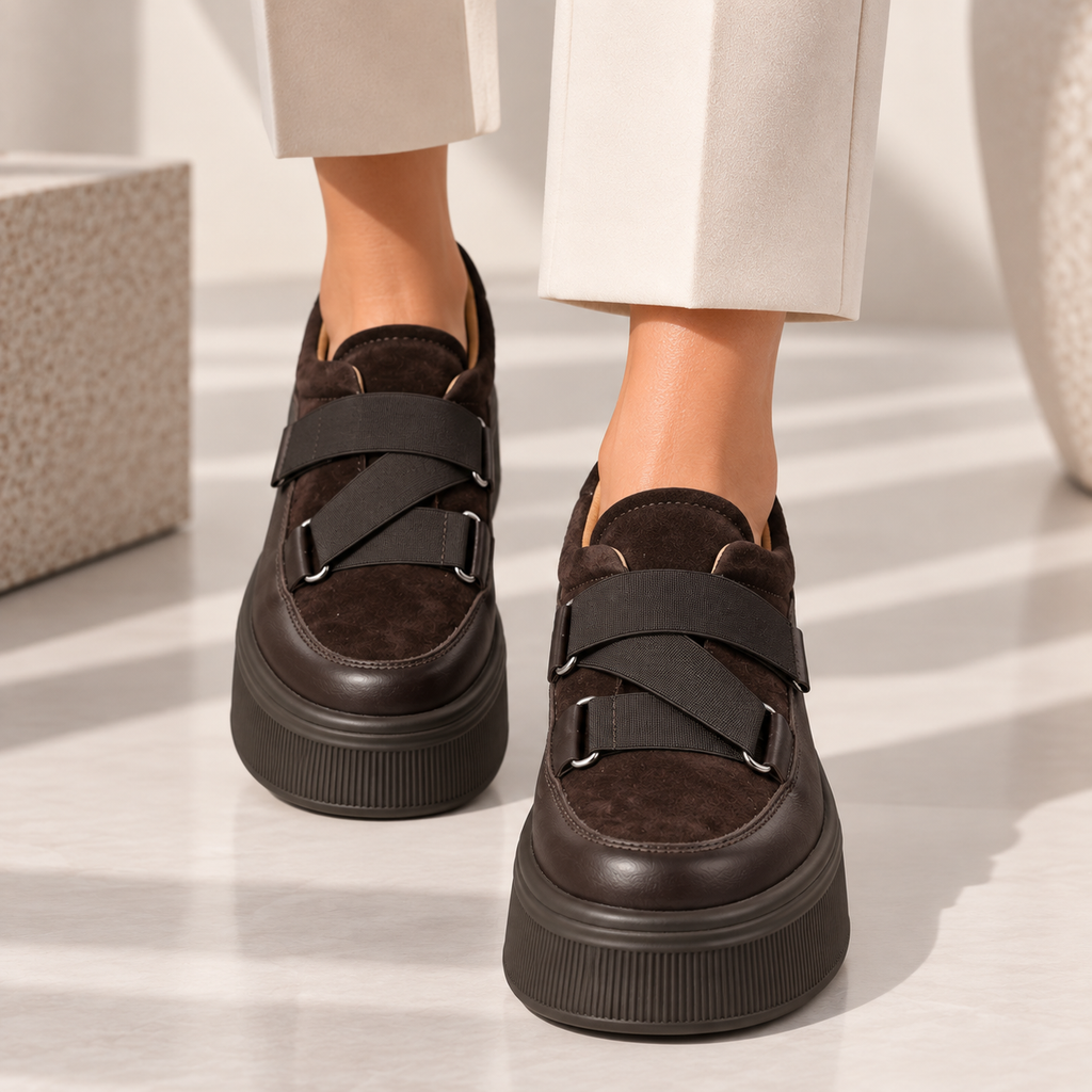 Passante Pantofi Casual Maro din Piele Naturală cu Velcro – Talpă Groasă 5 cm, Made in Romania | Confort Modern & Stil Urban