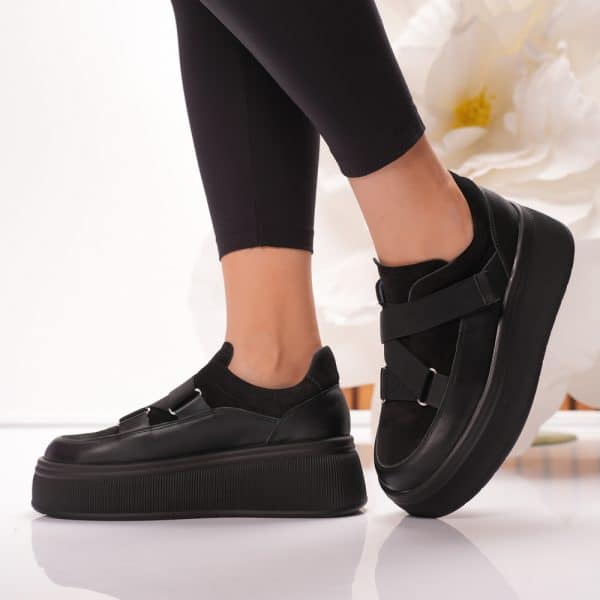 Passante Pantofi Casual Negri din Piele Naturală cu Velcro – Talpă Groasă 5 cm, Made in Romania | Confort Modern & Stil Urban