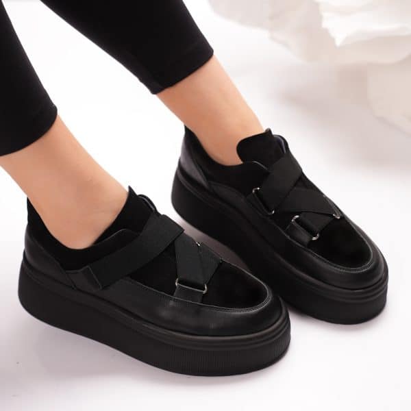 Passante Pantofi Casual Negri din Piele Naturală cu Velcro – Talpă Groasă 5 cm, Made in Romania | Confort Modern & Stil Urban