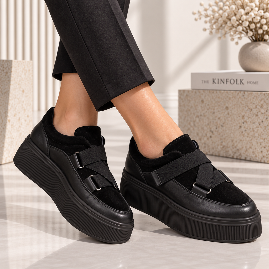 Passante Pantofi Casual Negri din Piele Naturală cu Velcro – Talpă Groasă 5 cm, Made in Romania | Confort Modern & Stil Urban
