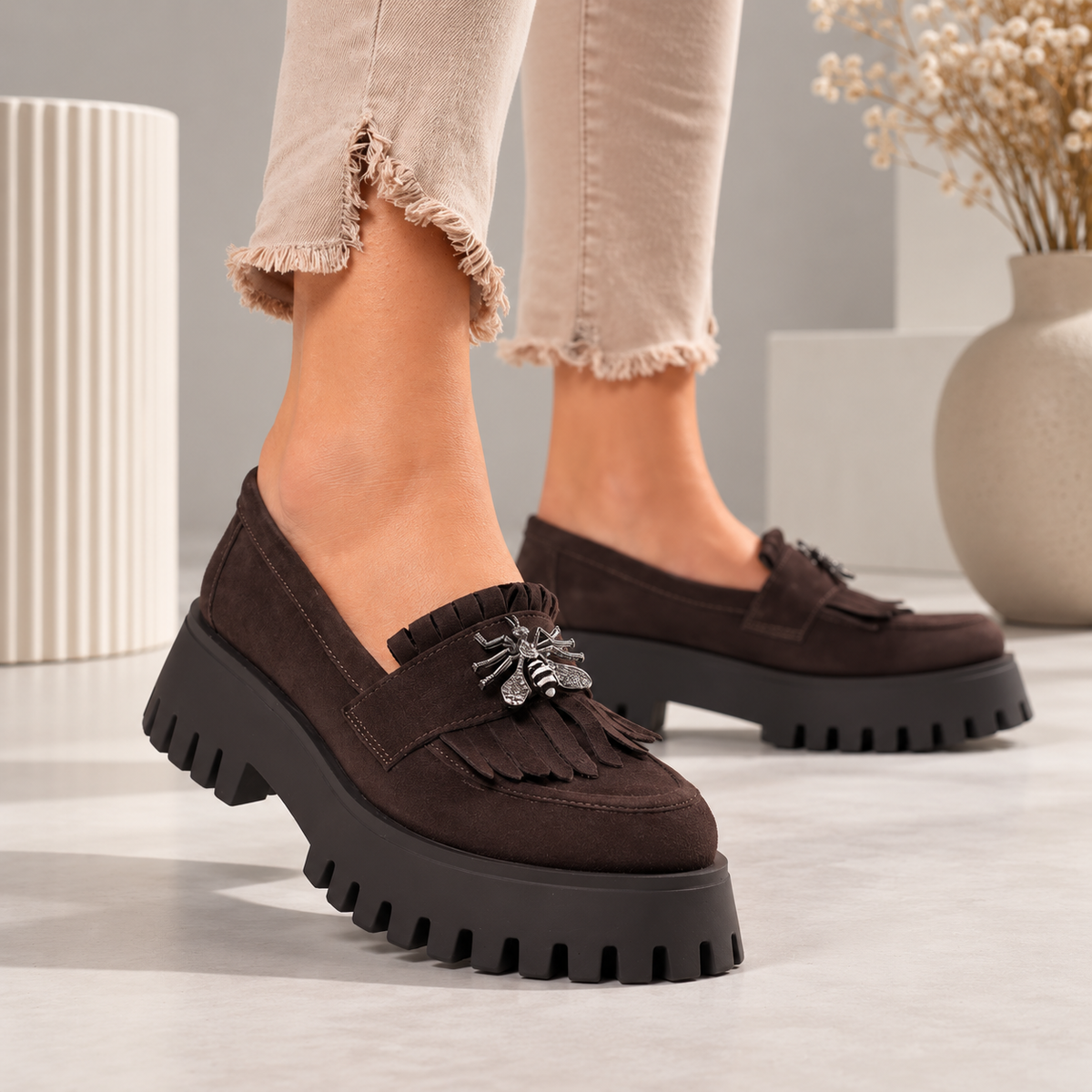 Passante Pantofi Damă Dark Brown din Piele Naturala Intorsa cu Talpă Groasă Chunky și Detaliu Metalic