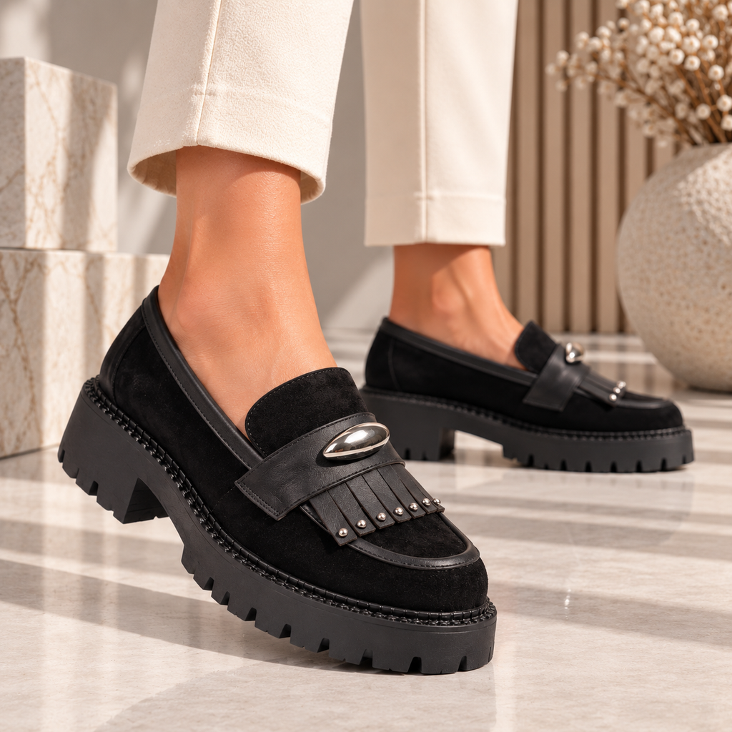 Passante Pantofi damă negri din piele naturală cu platformă, franjuri și accesorii metalice