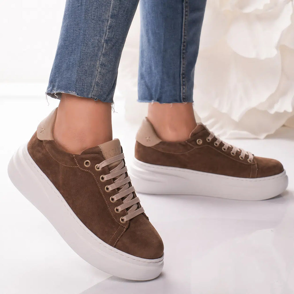 Passante Pantofi Damă Piele Naturală Camel Brown cu Șireturi – Talpă Înaltă 5 cm