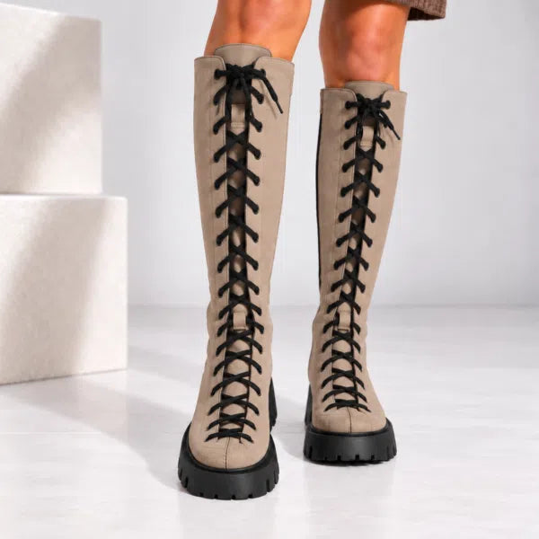 Passante Cizme Damă Alessia din Piele Naturală Întoarsă cu Șiret și Fermoar – Talpă 3 cm, Taupe