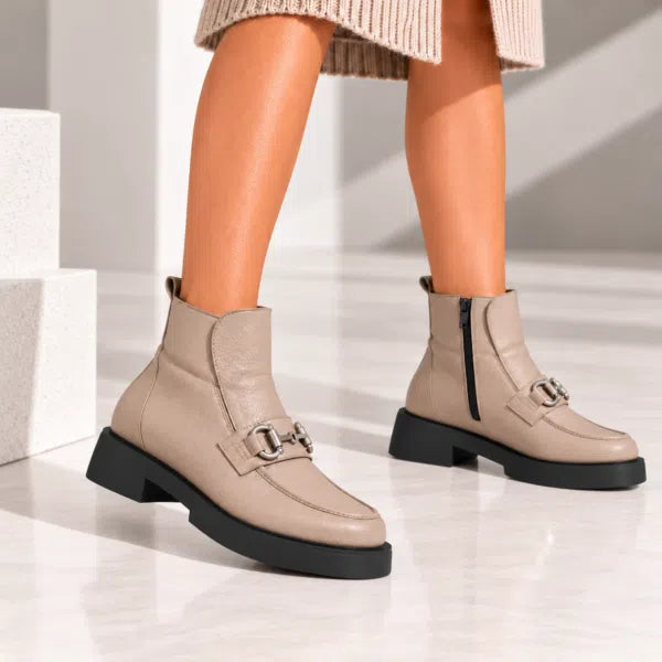 Ghete damă VIVIANA din piele naturală taupe cu accesoriu metalic