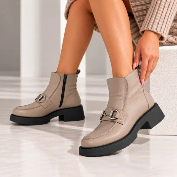Ghete damă VIVIANA din piele naturală taupe cu accesoriu metalic
