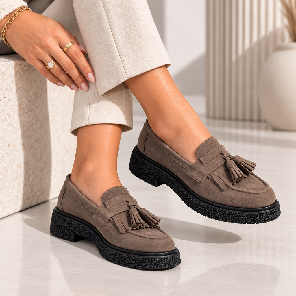 Passante Pantofi damă din piele naturală intoarsa deep mocha franjuri – mocasini casual confortabili