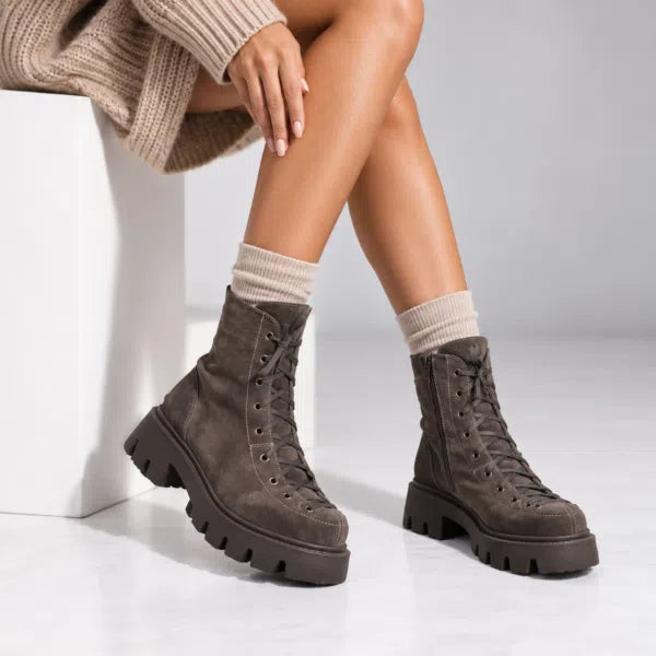 Passante Ghete Damă AMELIA din Piele Naturală Întoarsă, Talpă 3 cm, Taupe