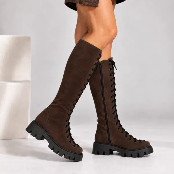 Passante Cizme Damă Alessia din Piele Naturală Întoarsă cu Șiret și Fermoar – Talpă 3 cm, Maro
