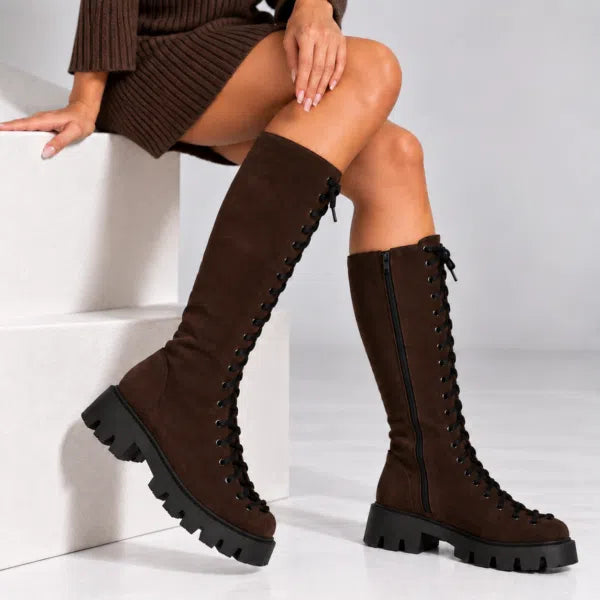 Passante Cizme Damă Alessia din Piele Naturală Întoarsă cu Șiret și Fermoar – Talpă 3 cm, Maro