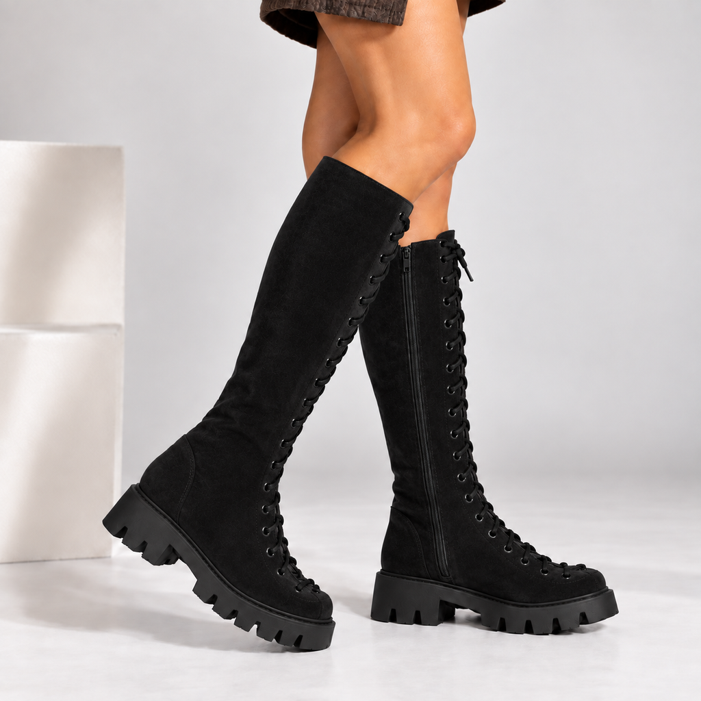 Passante Cizme Damă Alessia din Piele Naturală Întoarsă cu Șiret și Fermoar – Talpă 3 cm, Negre