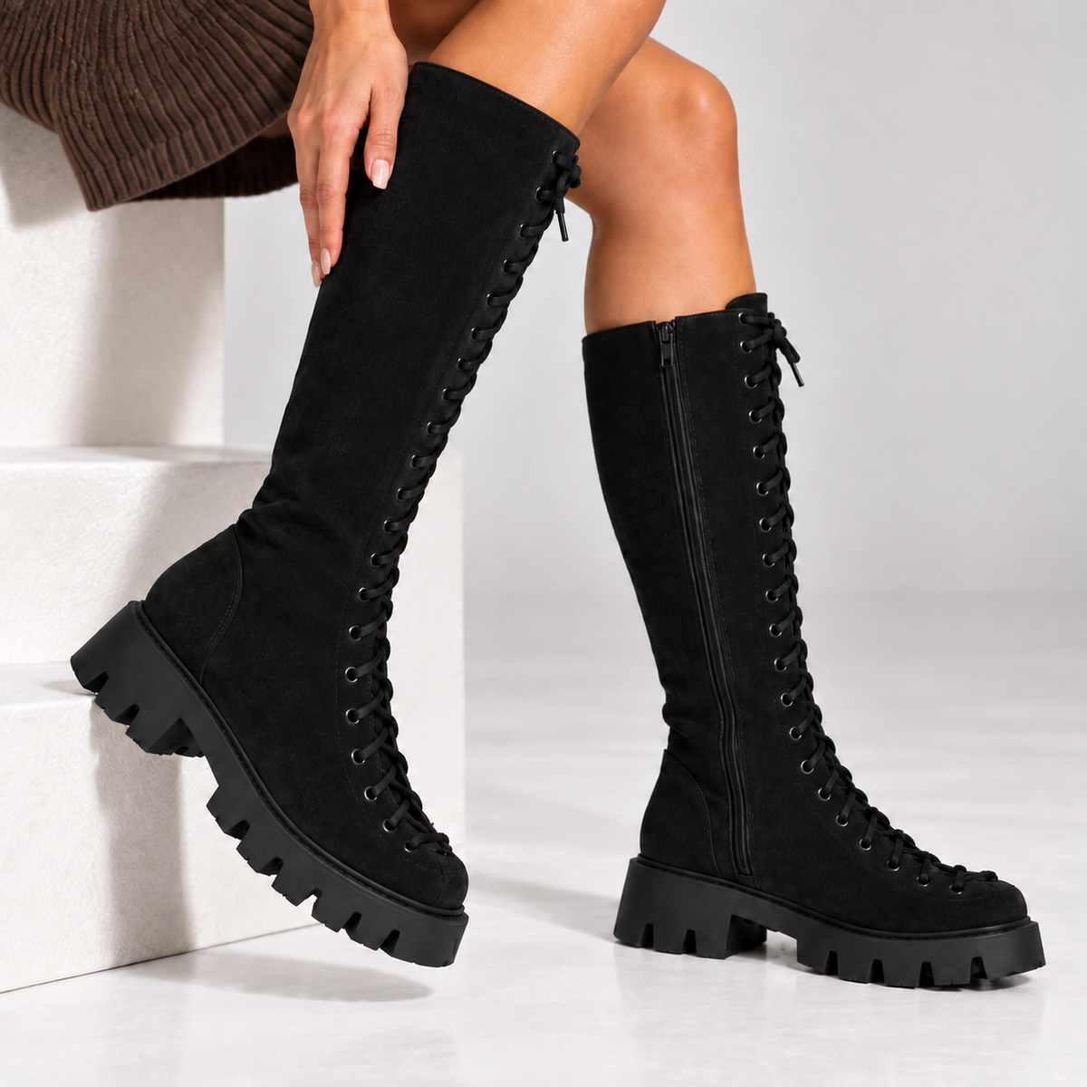 Passante Cizme Damă Alessia din Piele Naturală Întoarsă cu Șiret și Fermoar – Talpă 3 cm, Negre