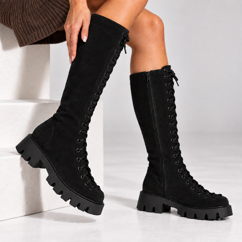 Passante Cizme Damă Alessia din Piele Naturală Întoarsă cu Șiret și Fermoar – Talpă 3 cm, Negre