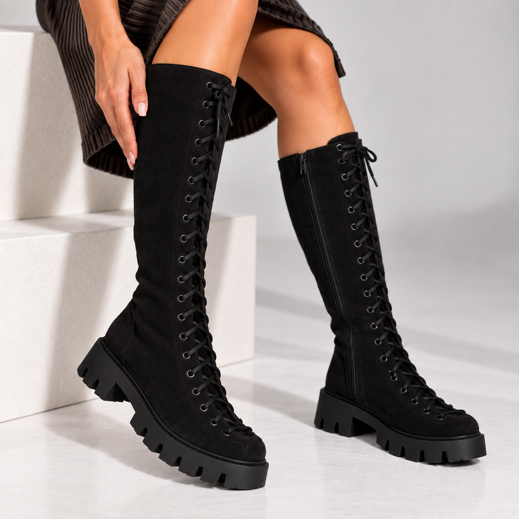 Passante Cizme Damă Alessia din Piele Naturală Întoarsă cu Șiret și Fermoar – Talpă 3 cm, Negre