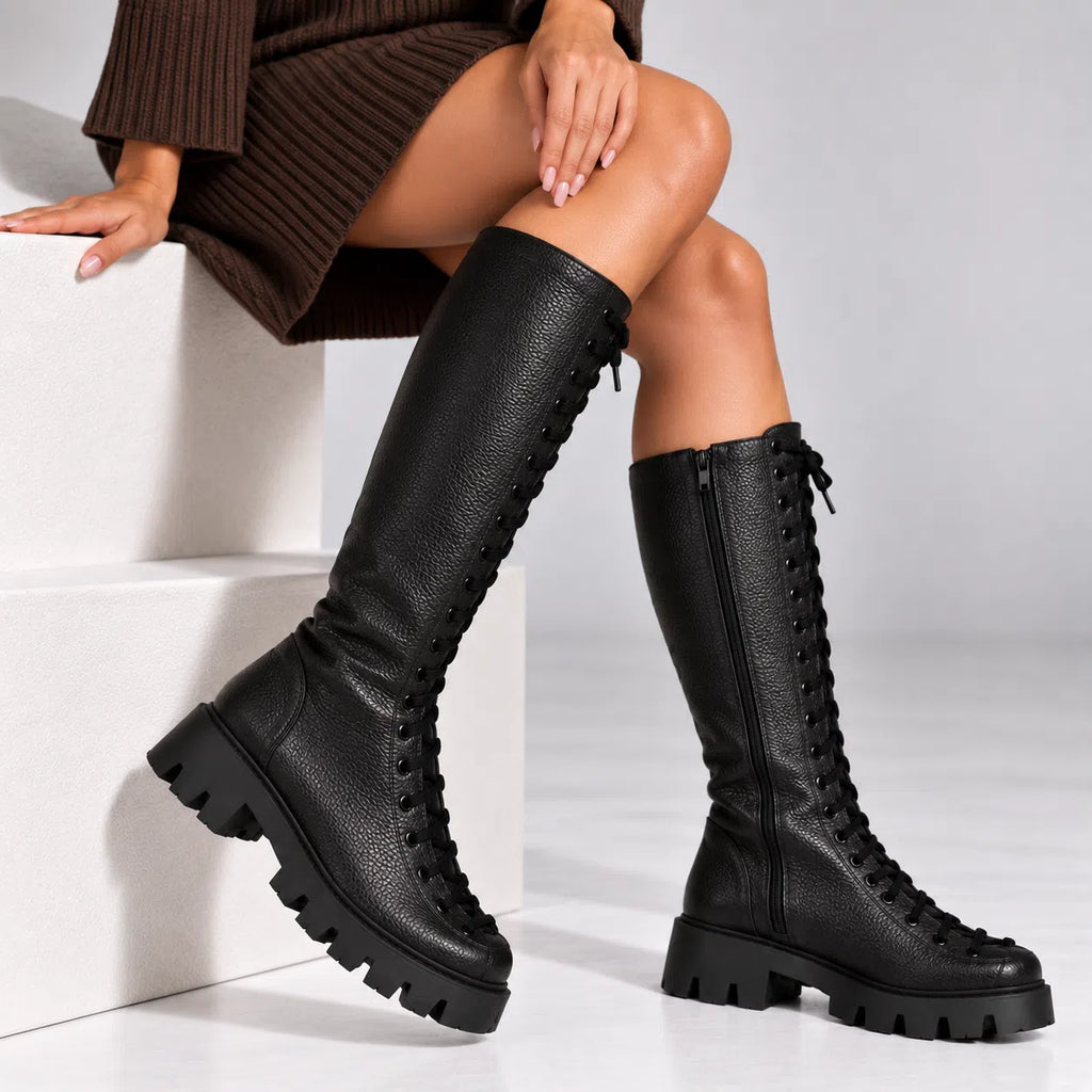 Passante Cizme Damă Karissa din Piele Naturală cu Șiret și Fermoar – Talpă 3 cm, negre