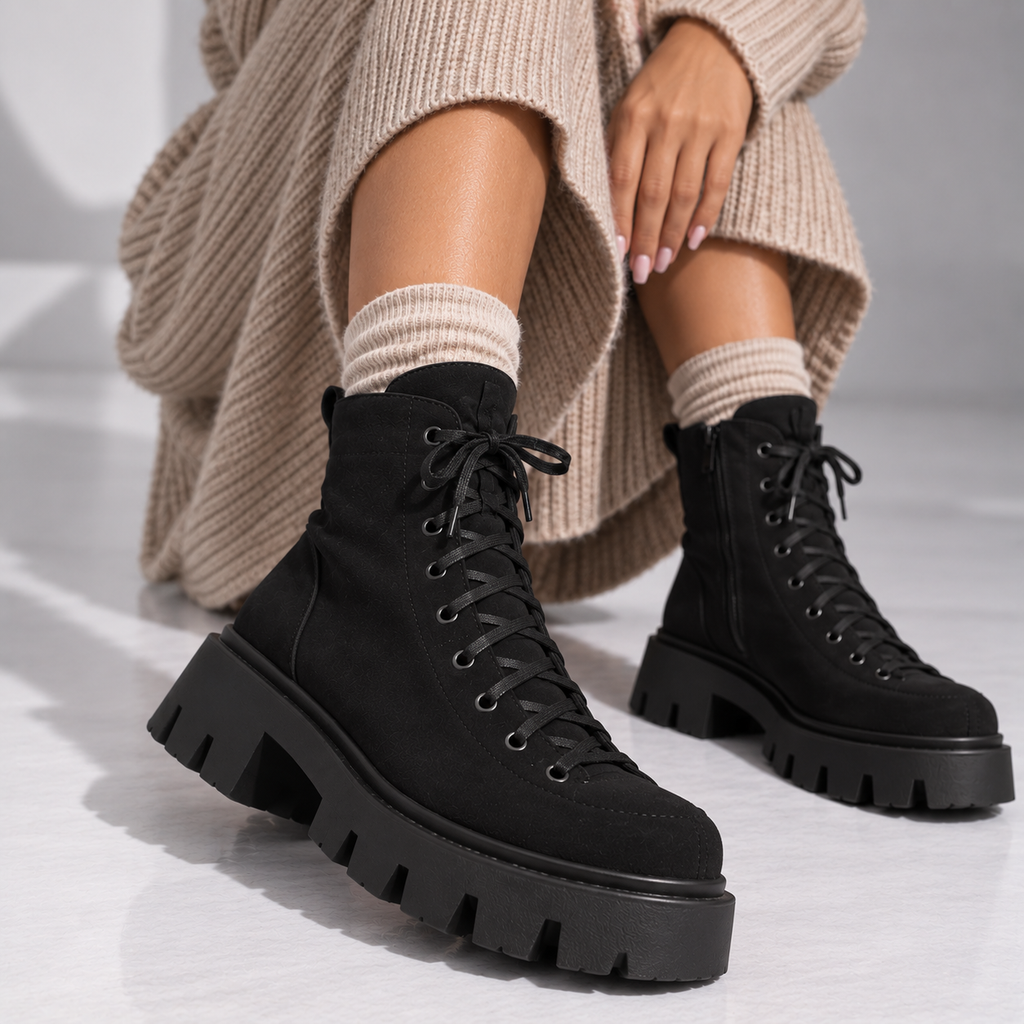 Passante Ghete Damă AMELIA din Piele Naturală Întoarsă, Talpă 3 cm, Negre