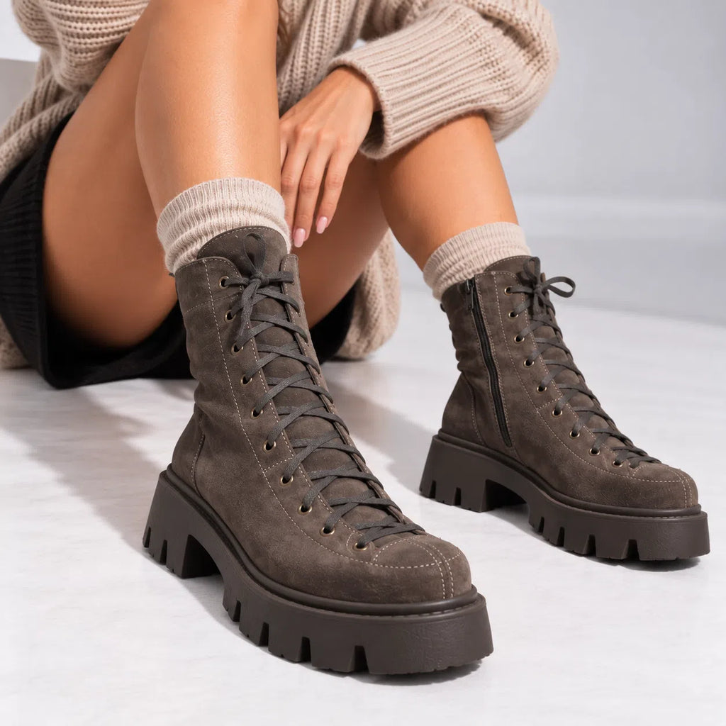 Passante Ghete Damă AMELIA din Piele Naturală Întoarsă, Talpă 3 cm, Taupe