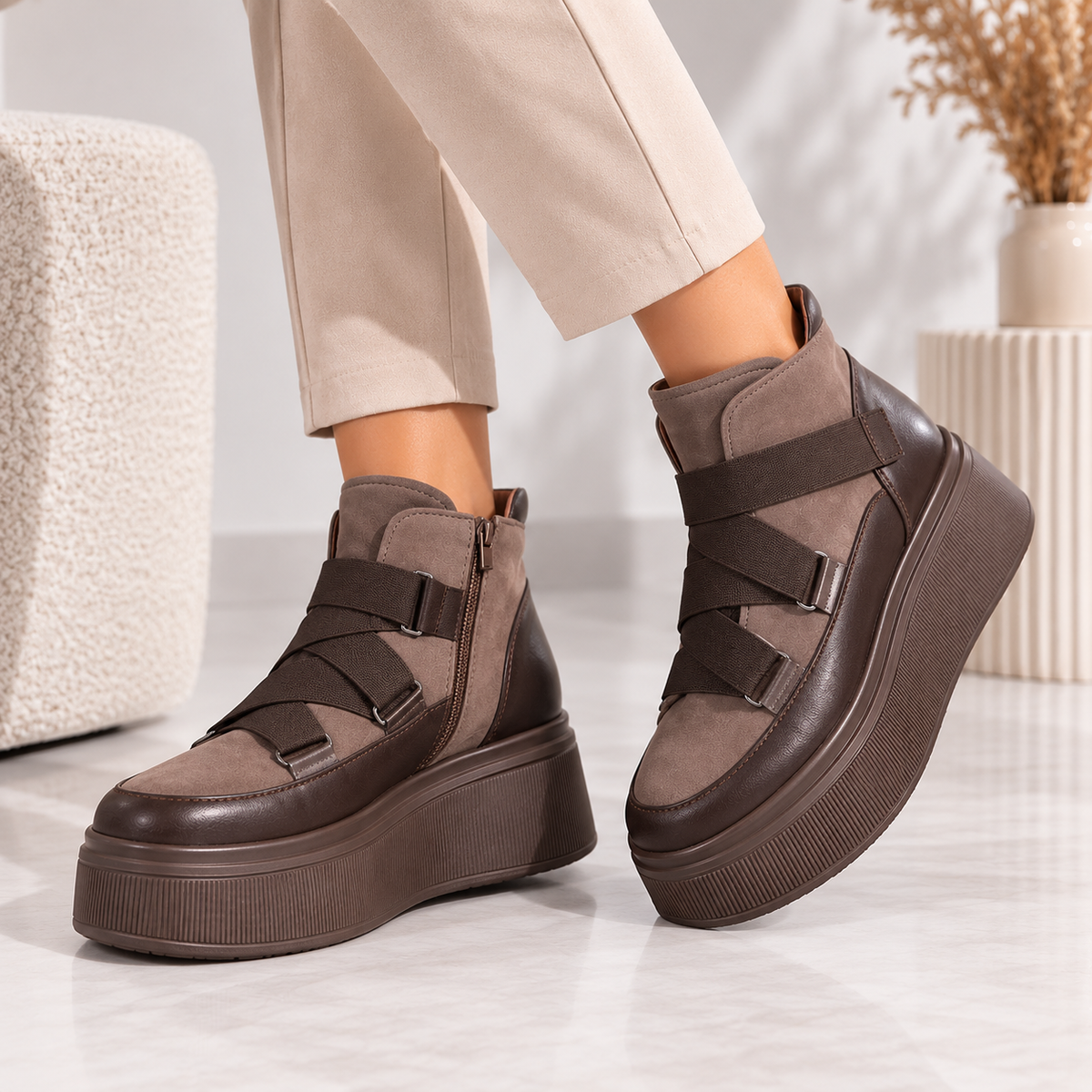 Passante Ghete damă din piele naturală maro cu talpă platformă 4 cm și benzi elastice