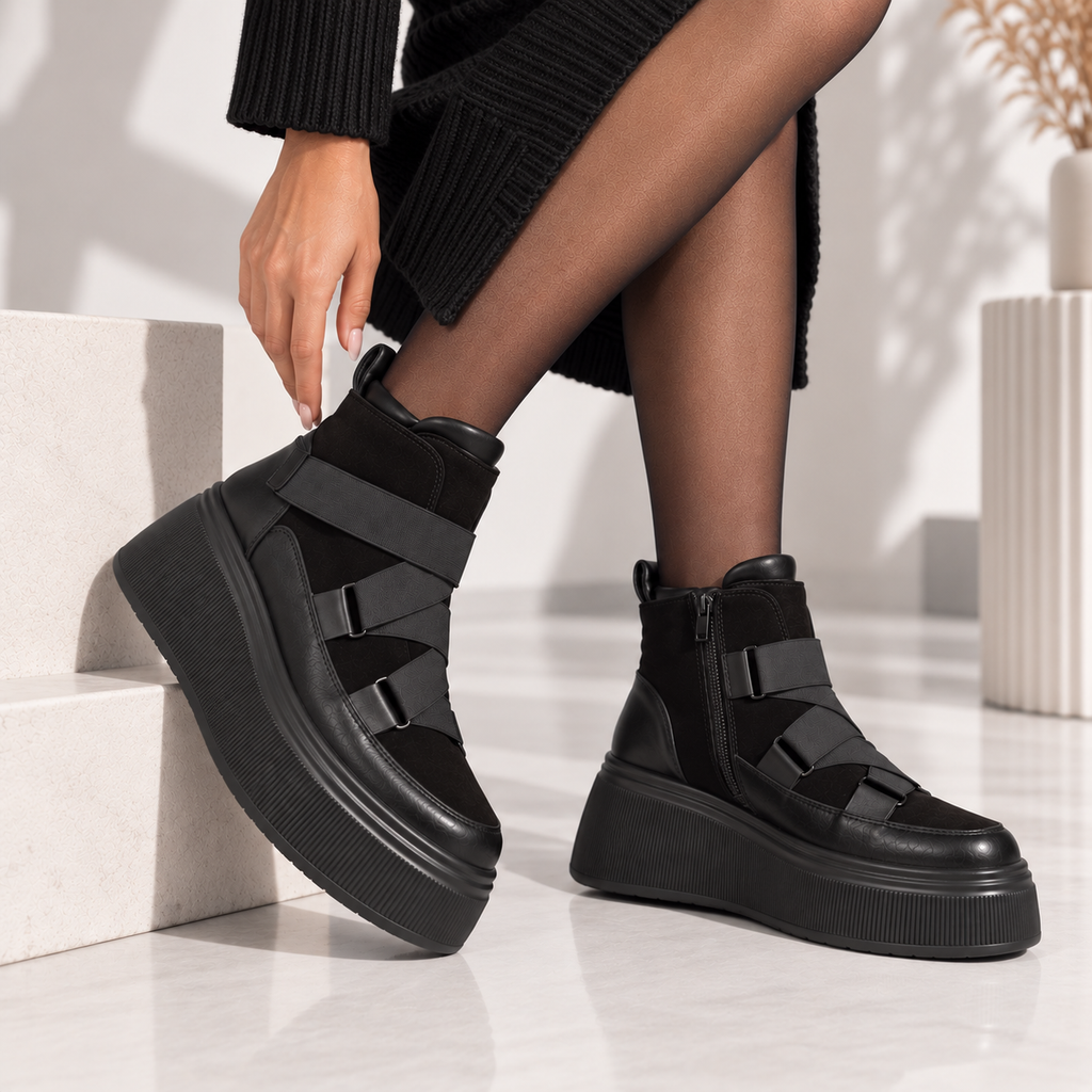 Passante Ghete damă din piele naturală neagra cu talpă platformă 4 cm și benzi elastic