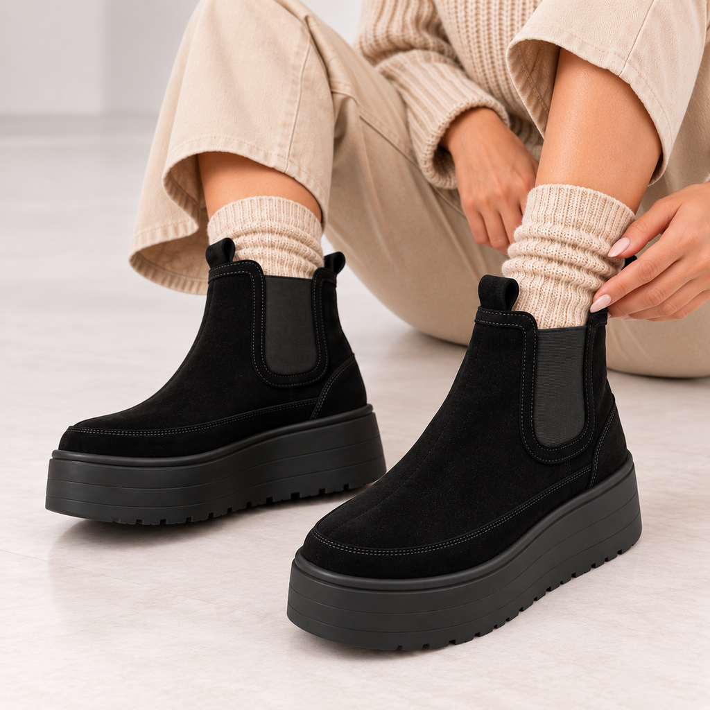 Ghete damă ELARA din piele naturală întoarsă, tip Chelsea, cu platformă, negru