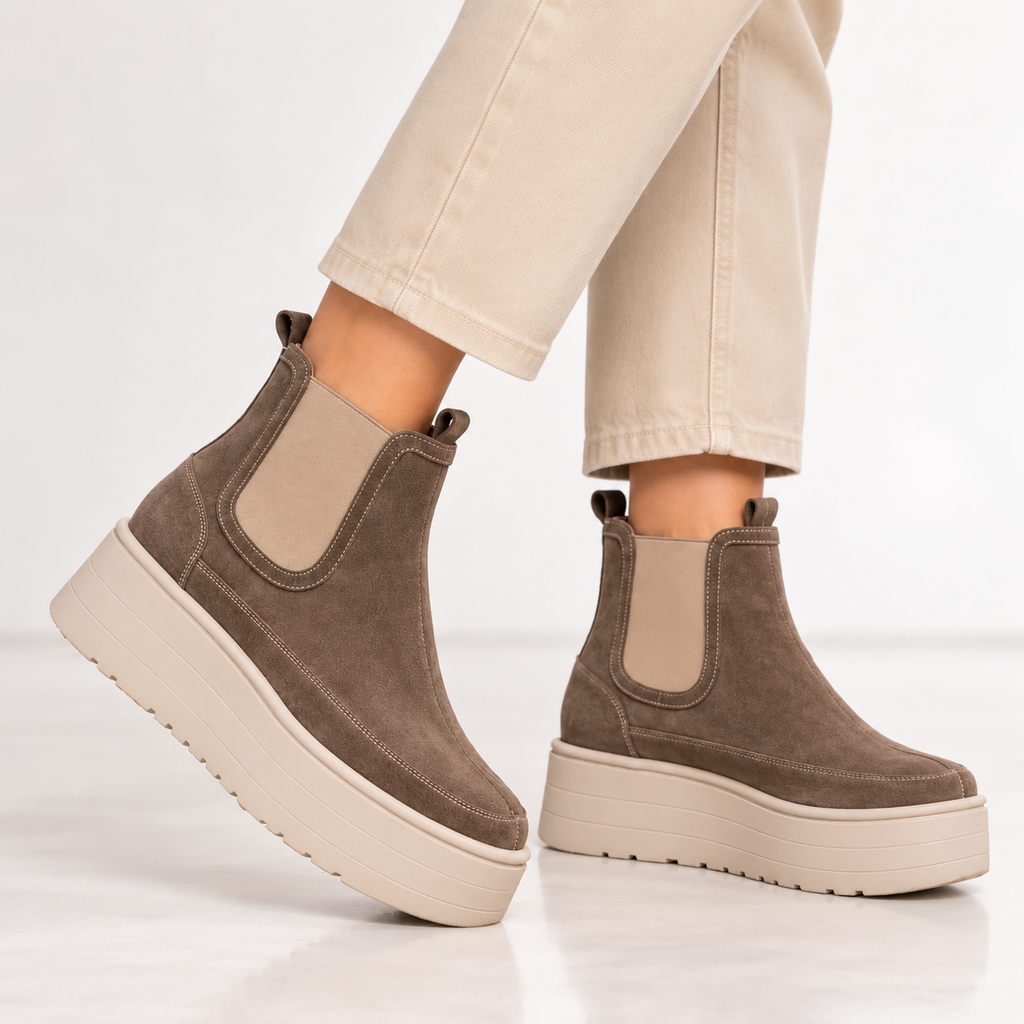 Ghete damă ELARA din piele naturală întoarsă, tip Chelsea, cu platformă, taupe