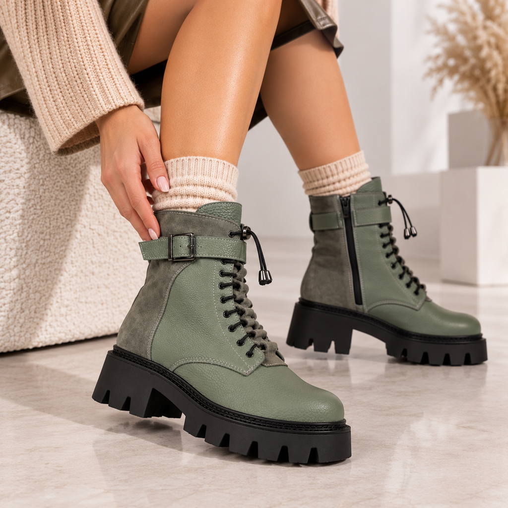 Ghete damă RANIA din piele naturală, căptușite pentru iarnă, cu fermoar și șiret , verde sage