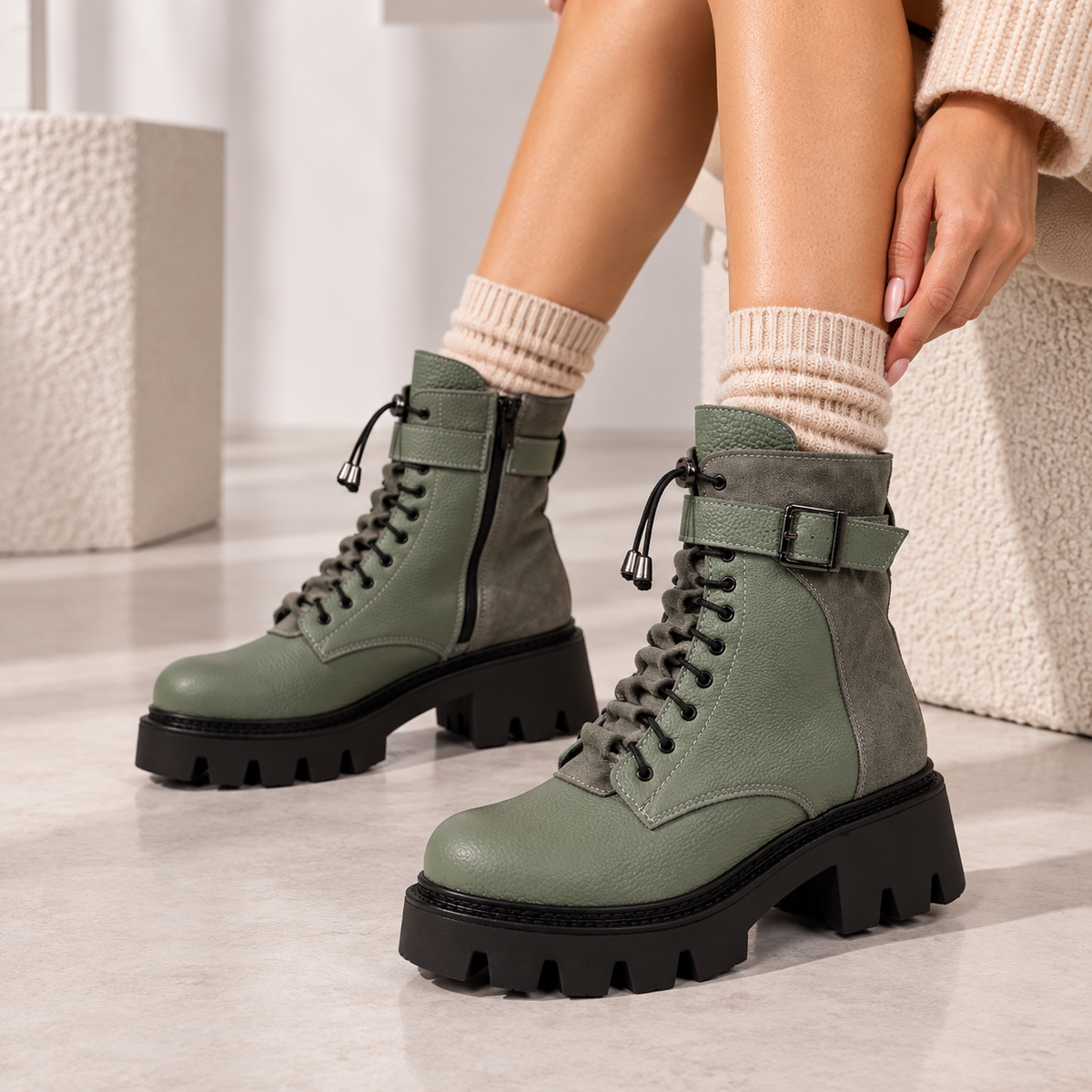 Ghete damă RANIA din piele naturală, căptușite pentru iarnă, cu fermoar și șiret , verde sage