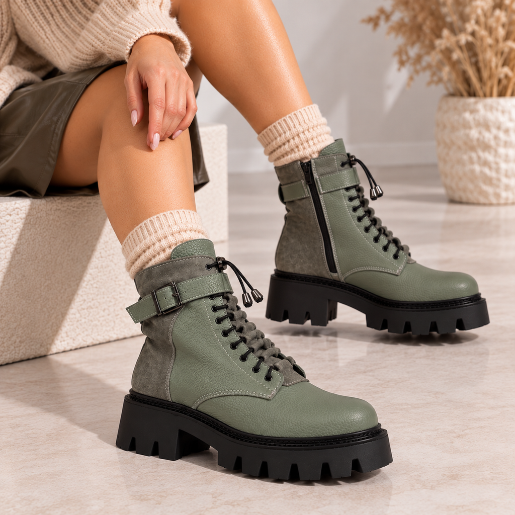 Ghete damă RANIA din piele naturală, căptușite pentru iarnă, cu fermoar și șiret , verde sage