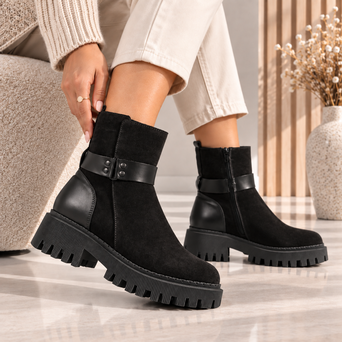 Passante Ghete Damă ZARIA din Piele Naturală cu Talpă, 4 cm, Negre