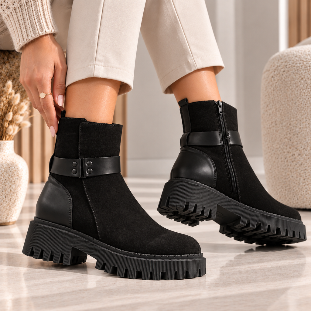 Passante Ghete Damă ZARIA din Piele Naturală cu Talpă, 4 cm, Negre