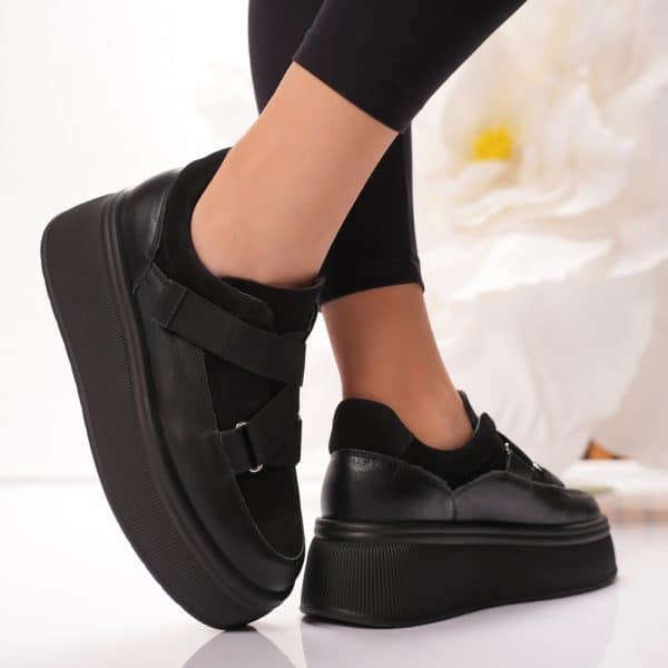 Passante Pantofi Casual Negri din Piele Naturală cu Velcro – Talpă Groasă 5 cm, Made in Romania | Confort Modern & Stil Urban