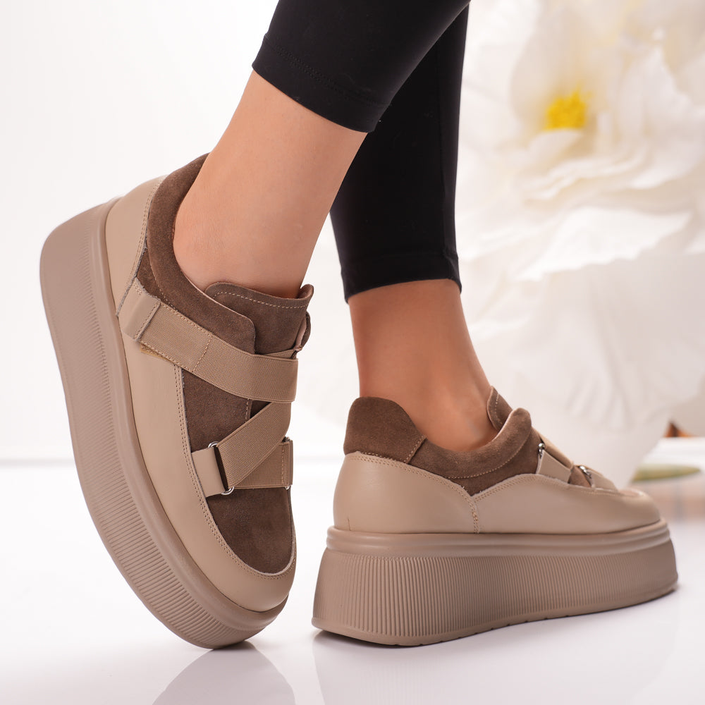 Passante Pantofi Casual Taupe Sands din Piele Naturală cu Velcro – Talpă Groasă 5 cm, Made in Romania | Confort Modern & Stil Urban