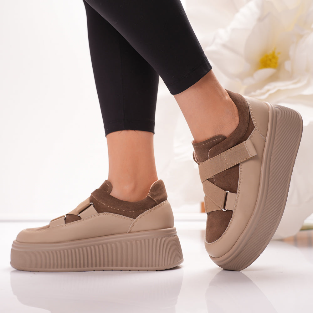 Passante Pantofi Casual Taupe Sands din Piele Naturală cu Velcro – Talpă Groasă 5 cm, Made in Romania | Confort Modern & Stil Urban