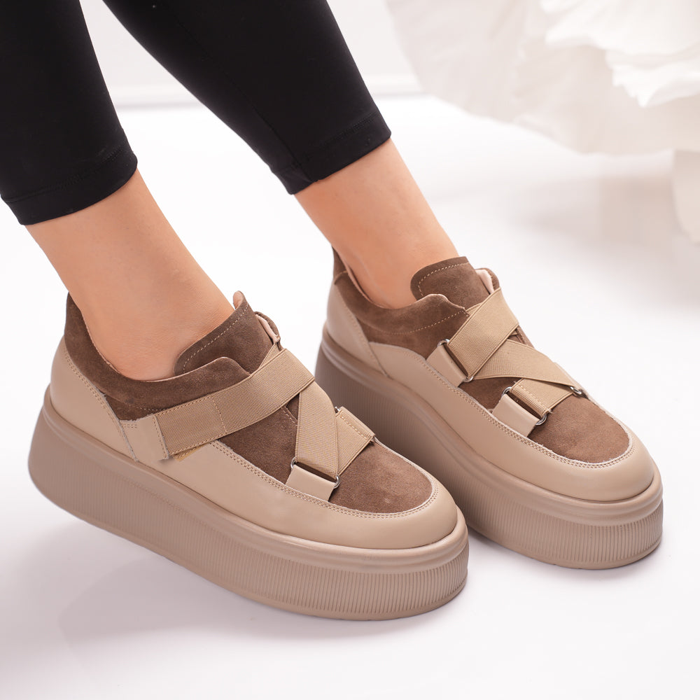 Passante Pantofi Casual Taupe Sands din Piele Naturală cu Velcro – Talpă Groasă 5 cm, Made in Romania | Confort Modern & Stil Urban