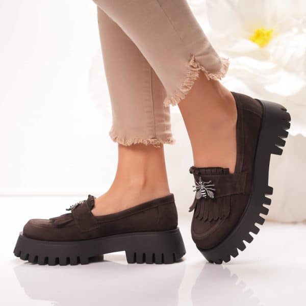 Passante Pantofi Damă Dark Brown din Piele Naturala Intorsa cu Talpă Groasă Chunky și Detaliu Metalic