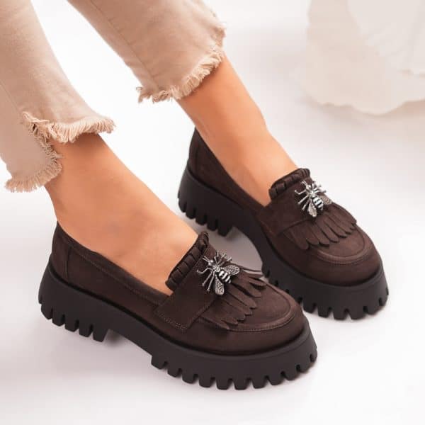 Passante Pantofi Damă Dark Brown din Piele Naturala Intorsa cu Talpă Groasă Chunky și Detaliu Metalic