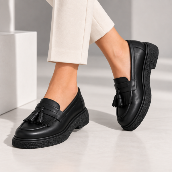 Passante Pantofi damă din piele naturală neagra cu franjuri – mocasini casual confortabili