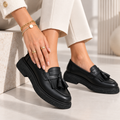 Passante Pantofi damă din piele naturală neagra cu franjuri – mocasini casual confortabili