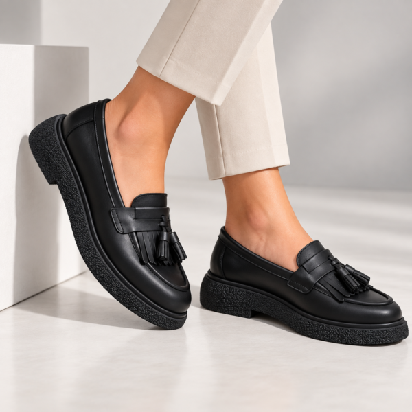 Passante Pantofi damă din piele naturală neagra cu franjuri – mocasini casual confortabili