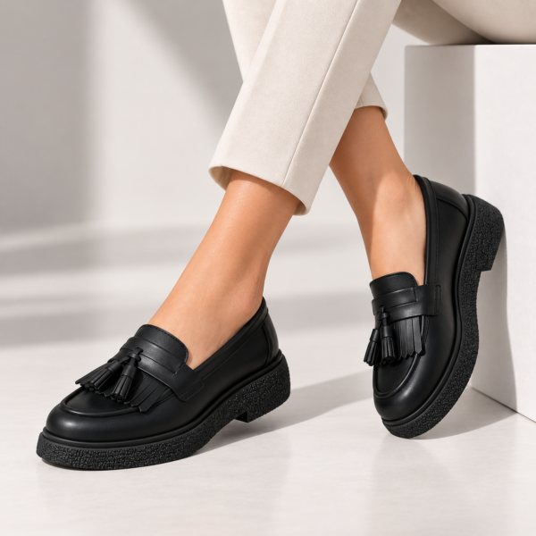 Passante Pantofi damă din piele naturală neagra cu franjuri – mocasini casual confortabili