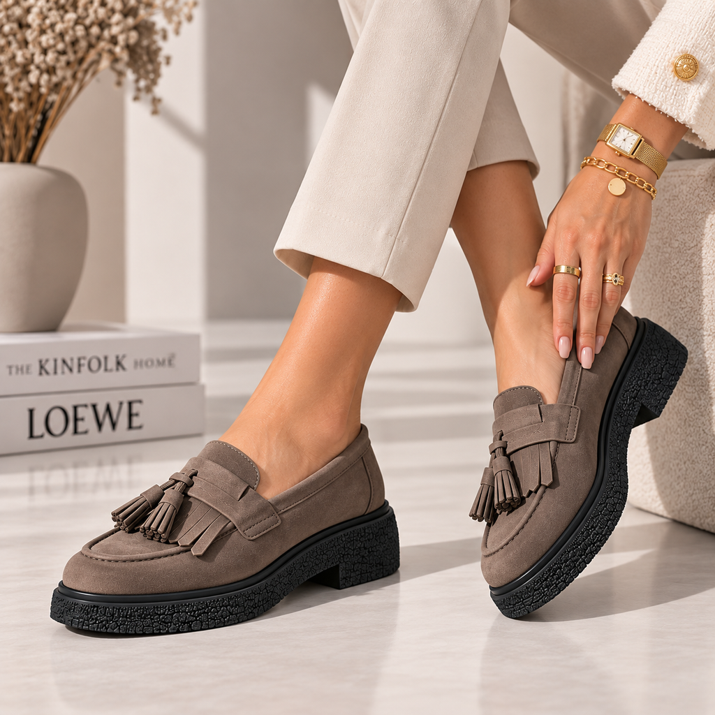 Passante Pantofi damă din piele naturală intoarsa deep mocha franjuri – mocasini casual confortabili