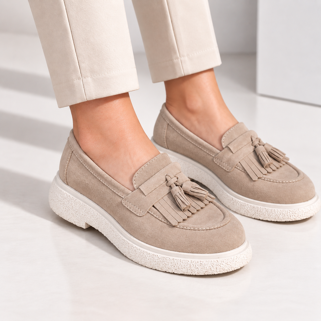 Passante Pantofi damă din piele naturală intoarsa taupe cu franjuri – mocasini casual confortabili