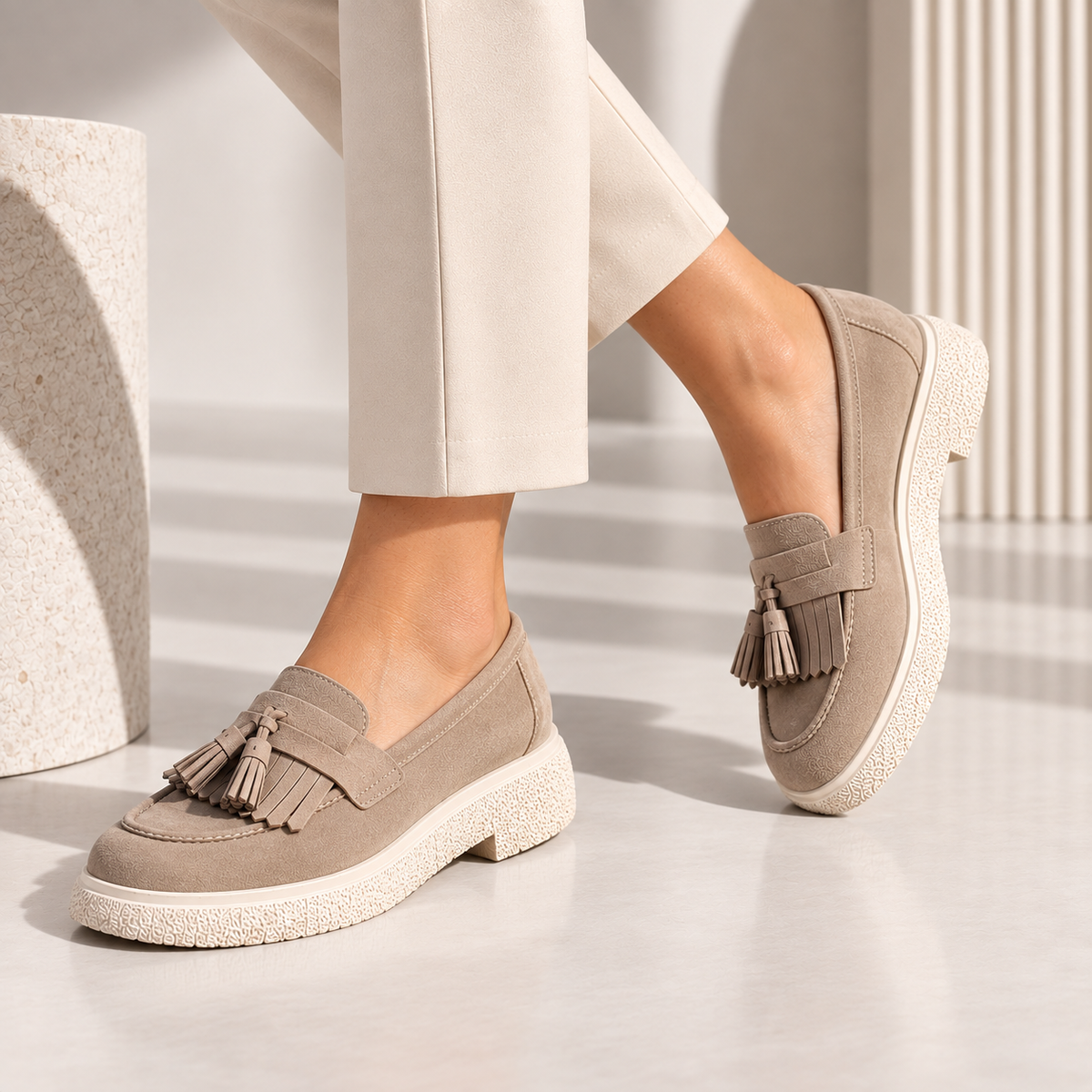Passante Pantofi damă din piele naturală intoarsa taupe cu franjuri – mocasini casual confortabili