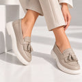 Passante Pantofi damă din piele naturală taupe cu franjuri – mocasini casual confortabili