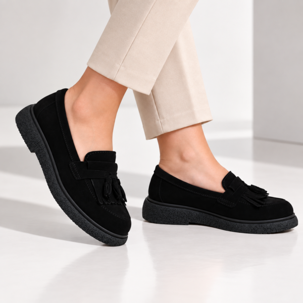 Passante Pantofi damă din piele naturală velur negri cu franjuri – mocasini casual confortabili