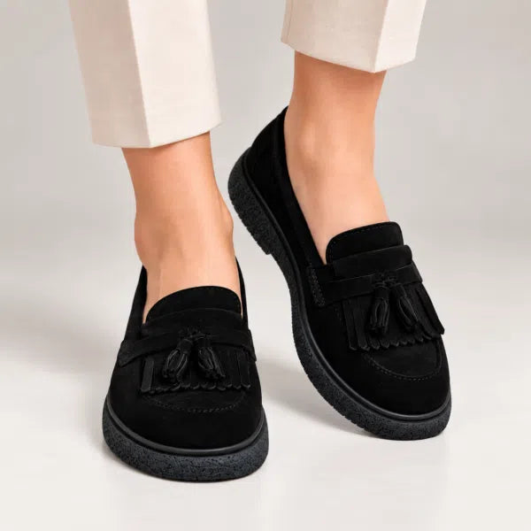 Passante Pantofi damă din piele naturală velur negri cu franjuri – mocasini casual confortabili